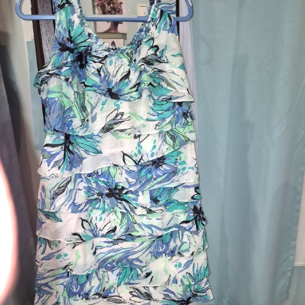 S.L. Fashions Elegant Blue and Green Dress With Silver Sparkles